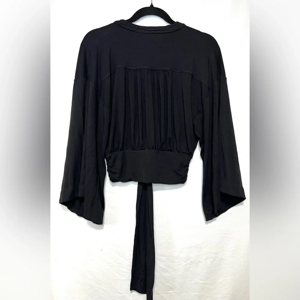 Free People That's a Wrap Black Bell Sleeve Crop Top Waist Tie Boho Trendy Chic